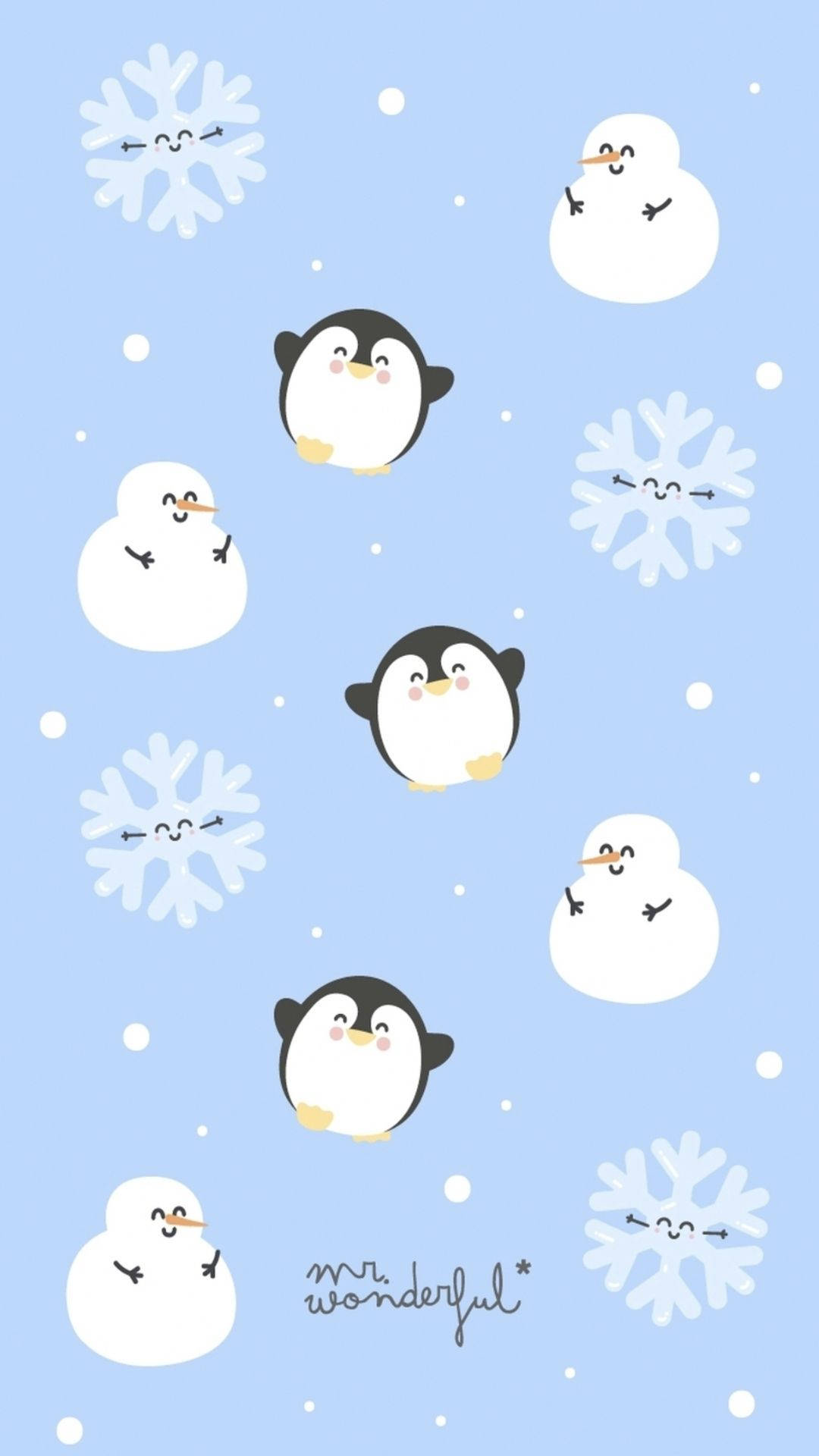 Kawaii Christmas Snowman And Penguins Background