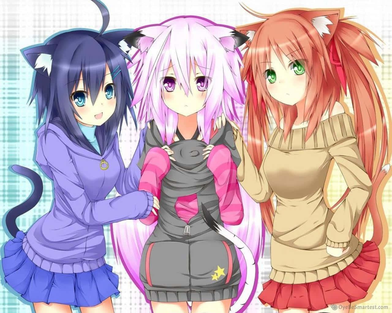 Kawaii Cute Anime Triplets Cat Girl Background