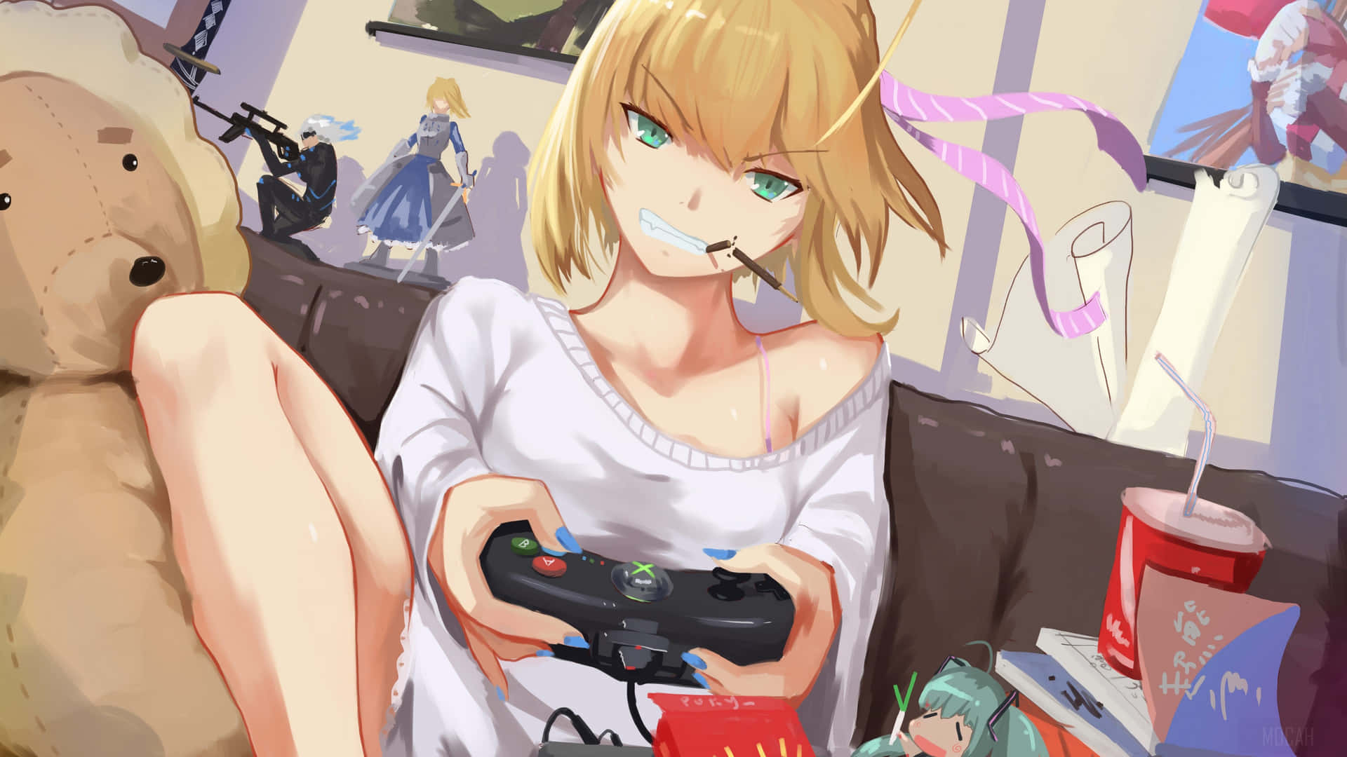 Kawaii Gaming Girl Intensely On Console Background