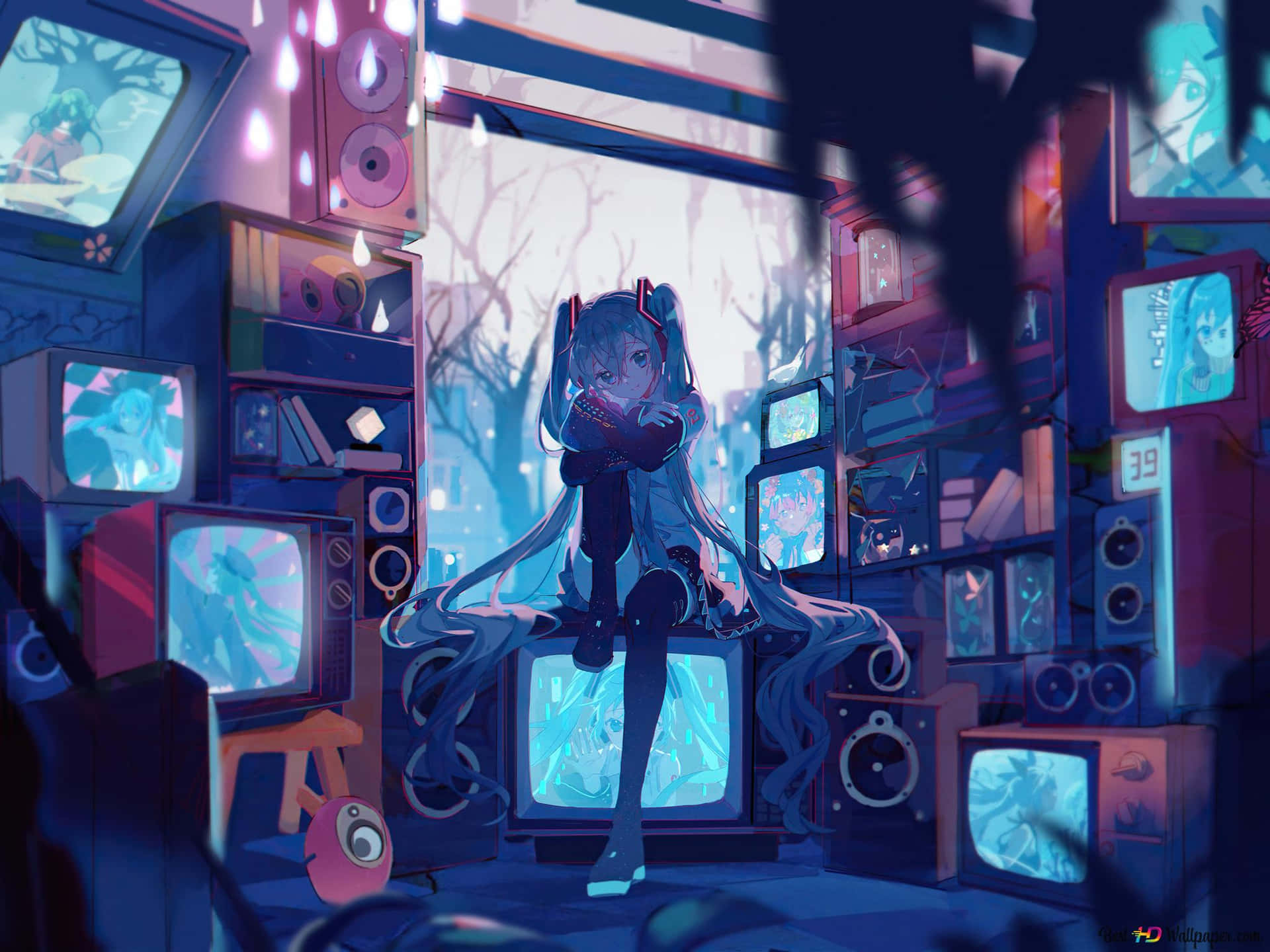 Kawaii Gaming Girl Sitting On Tv Background