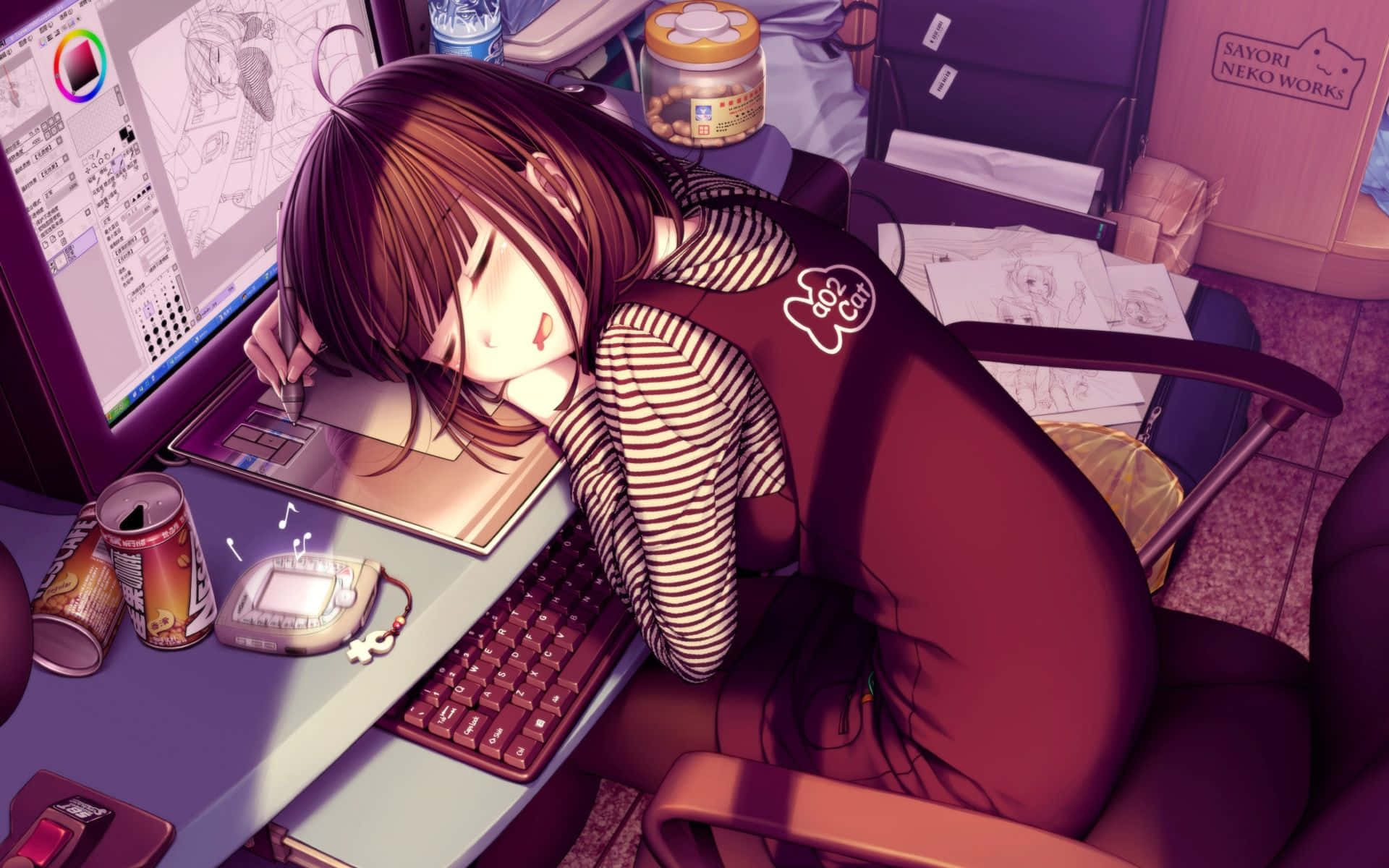 Kawaii Gaming Girl Sleeping While Drawing Background