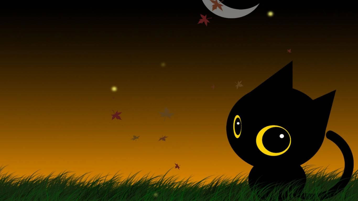 Kawaii Halloween Cat On Grass Background