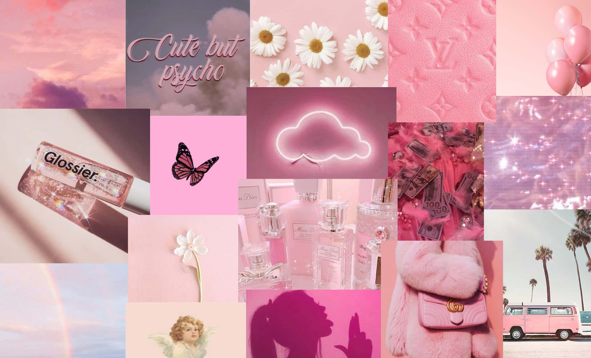 Kawaii Pink Aesthetic Desktop Wallpaper Showcasing Cute Elements In A Dreamy Setting Background