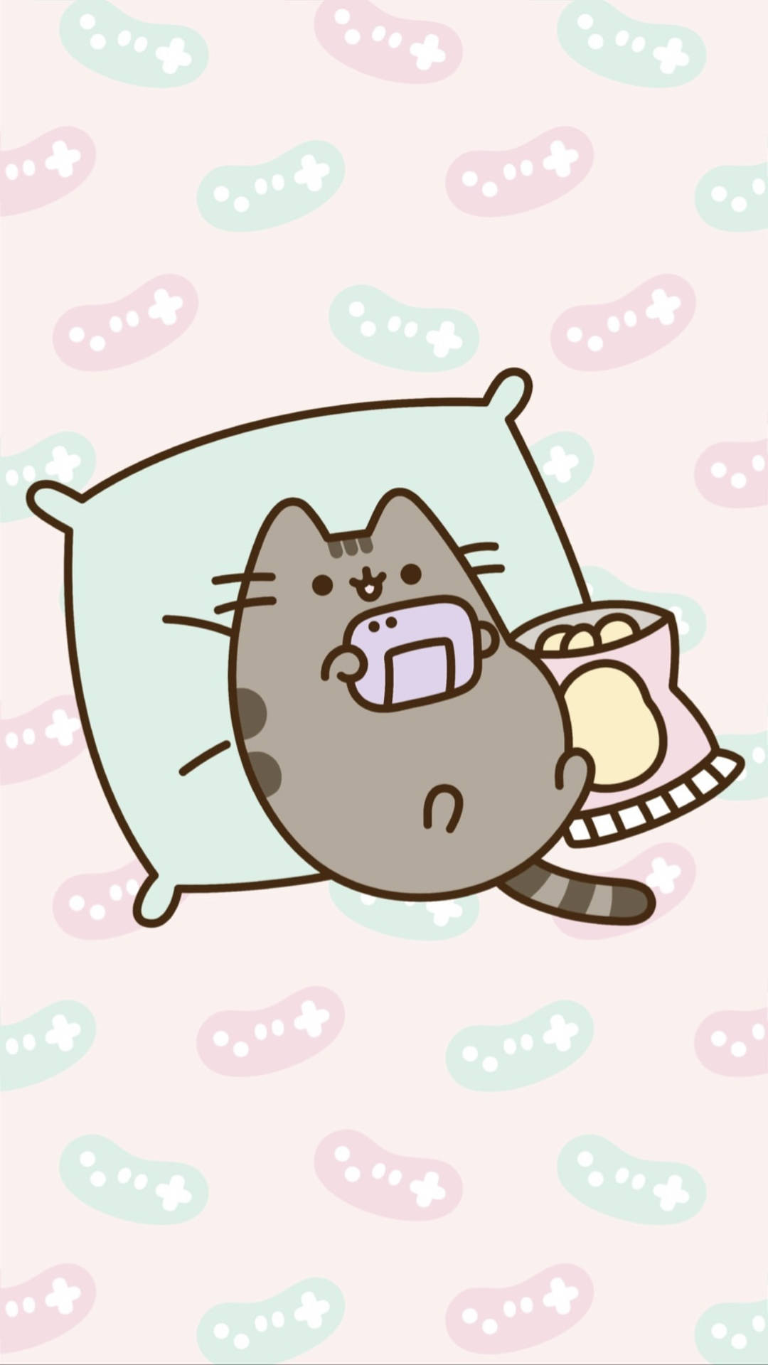 Kawaii Pusheen Cat On Pillow Background