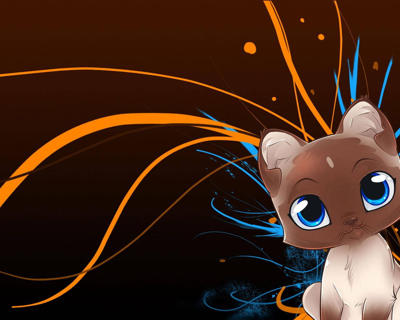 Kawaii Siamese Cat With Orange And Blue Lines Background