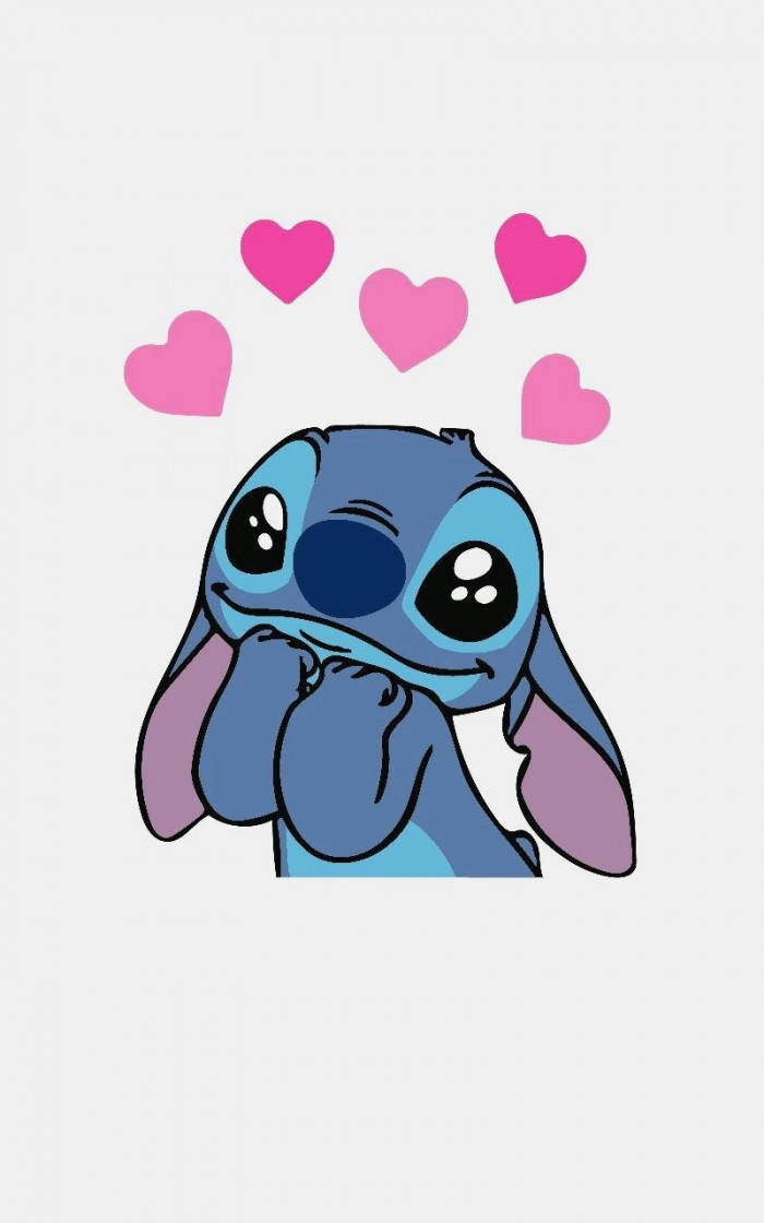 Kawaii Stitch Surrounded By Pink Hearts Background