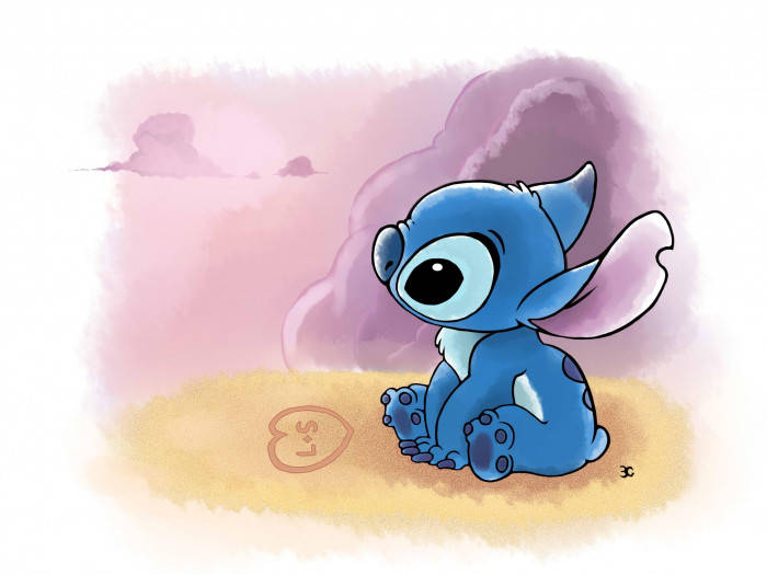 Kawaii Stitch With A Heart In The Sand Background