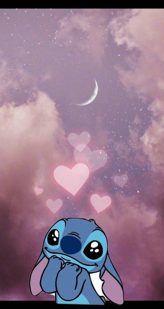 Kawaii Stitch With Hearts And Moon Background