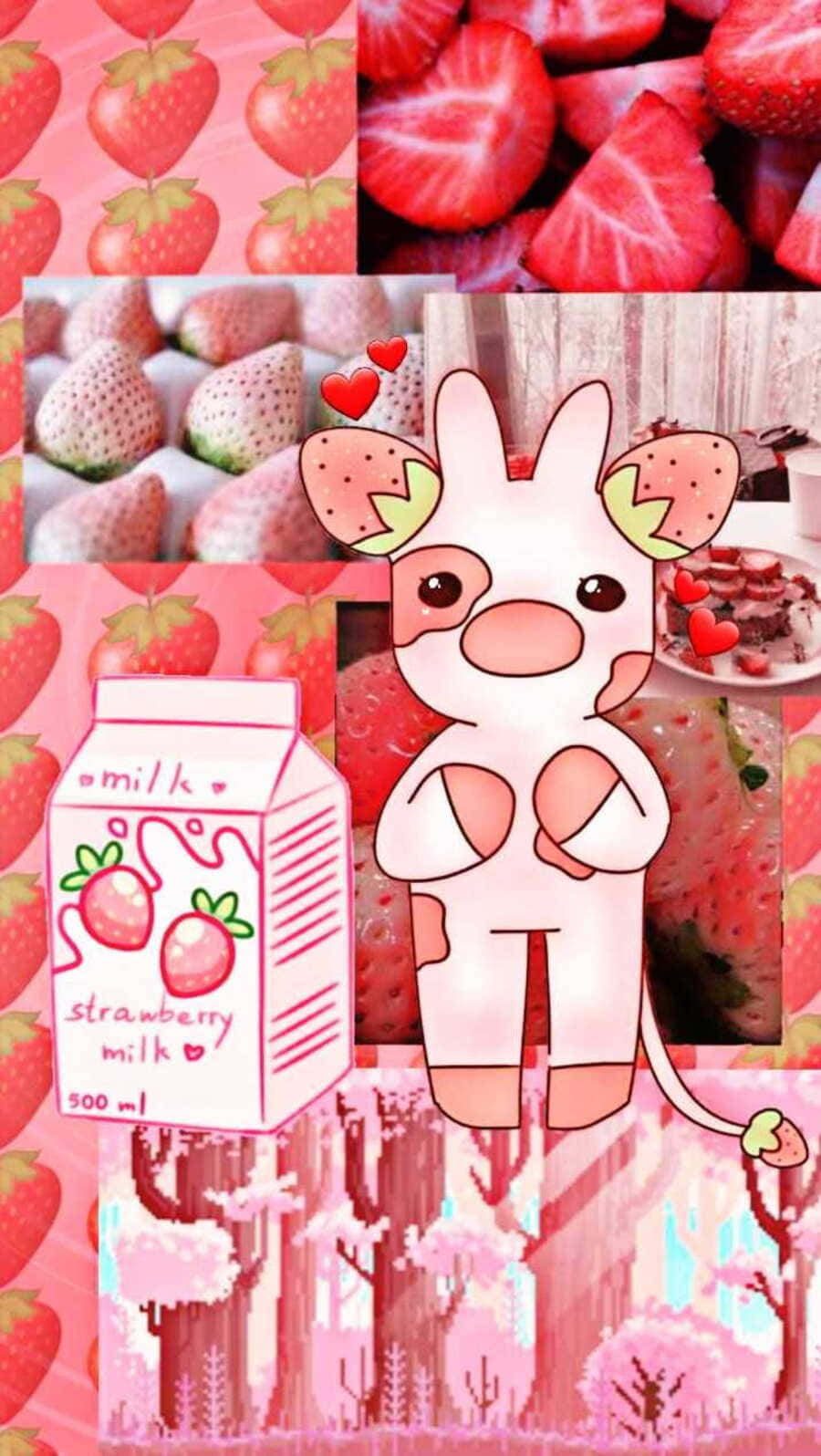 Kawaii Strawberry Cow: Irresistibly Cute And Vibrant! Background