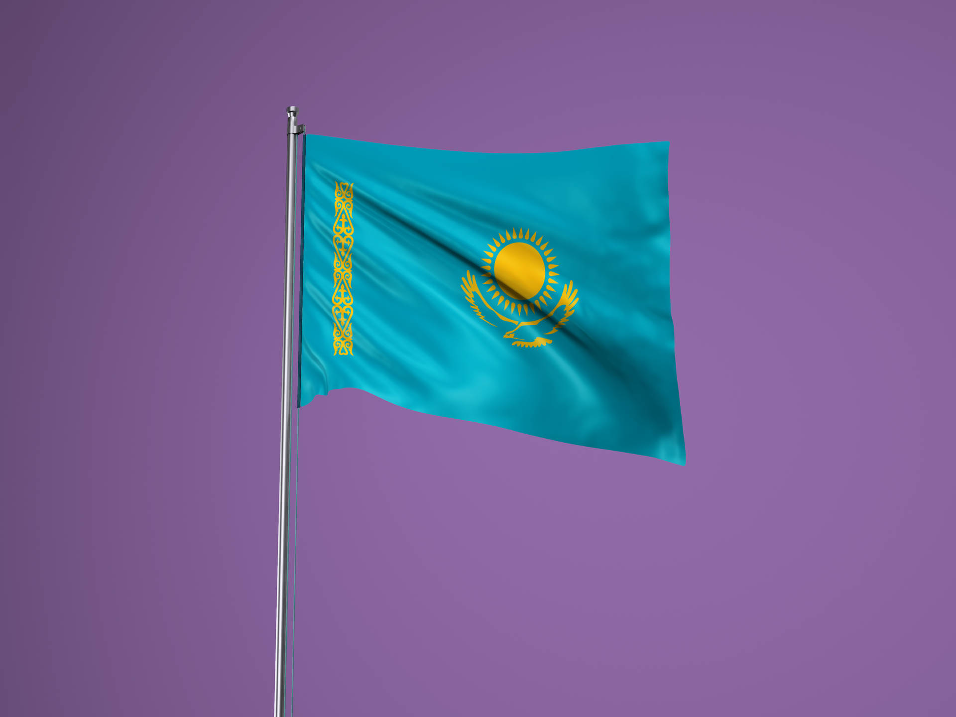 Kazakhstan Flag On Pole Background