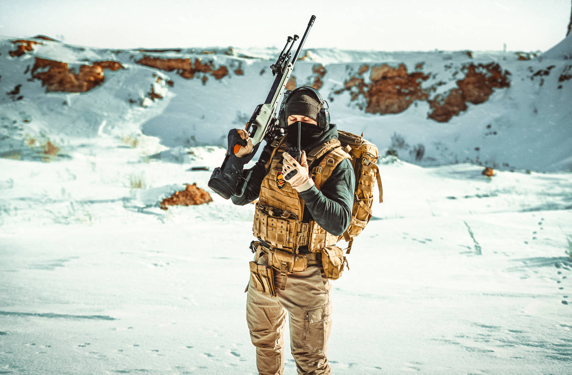 Kazakhstan Soldier On Snow Background