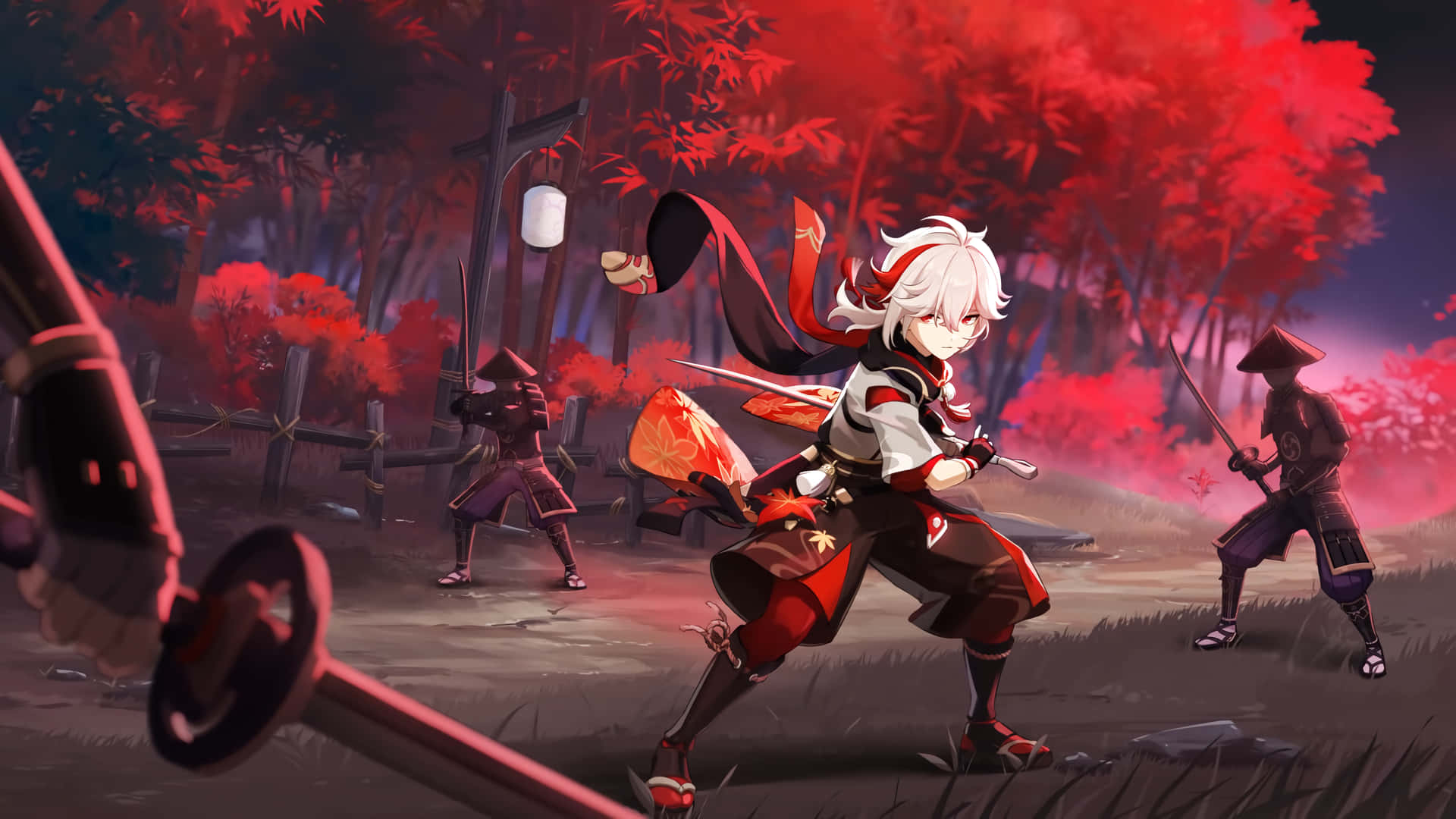 Kazuha Video Game Genshin Impact Fighting Bandits Background