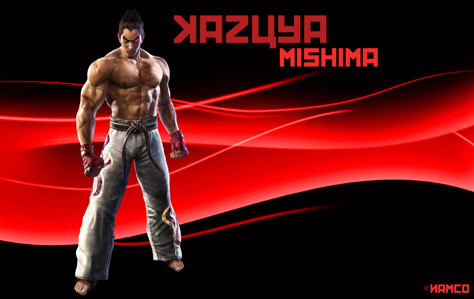 Kazuya Mishima In Digital Red Wave Background