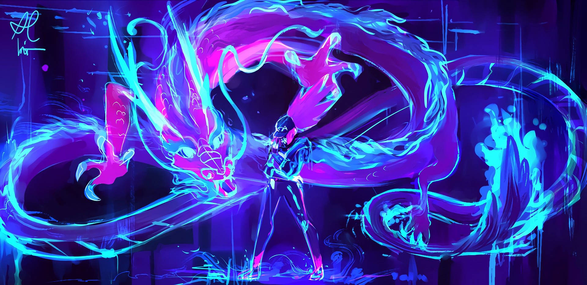 Kda Akali And Neon Dragon Background