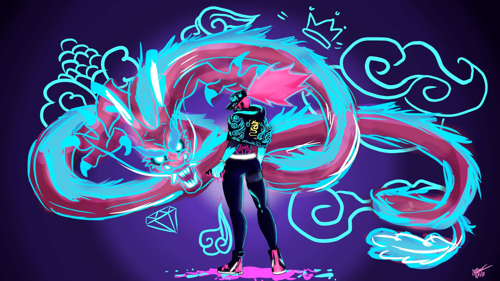 Kda Akali And Neon Graffiti Dragon Background