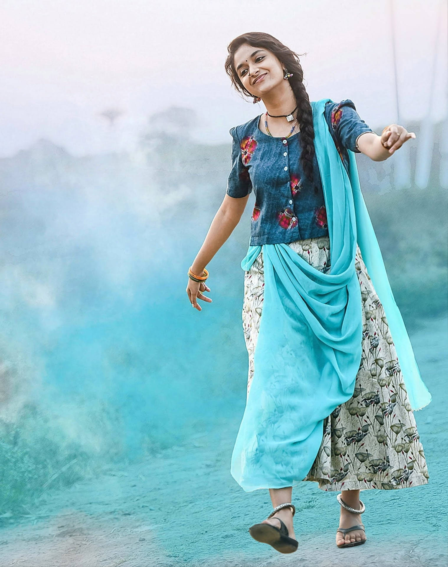 Keerthi Suresh Blue Outfit Background