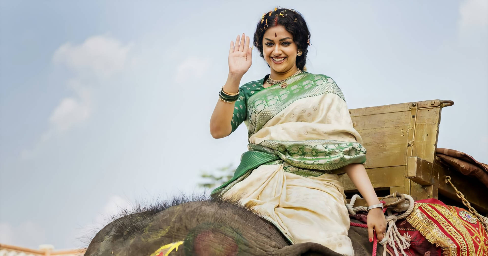 Keerthi Suresh Saree On Elephant Background