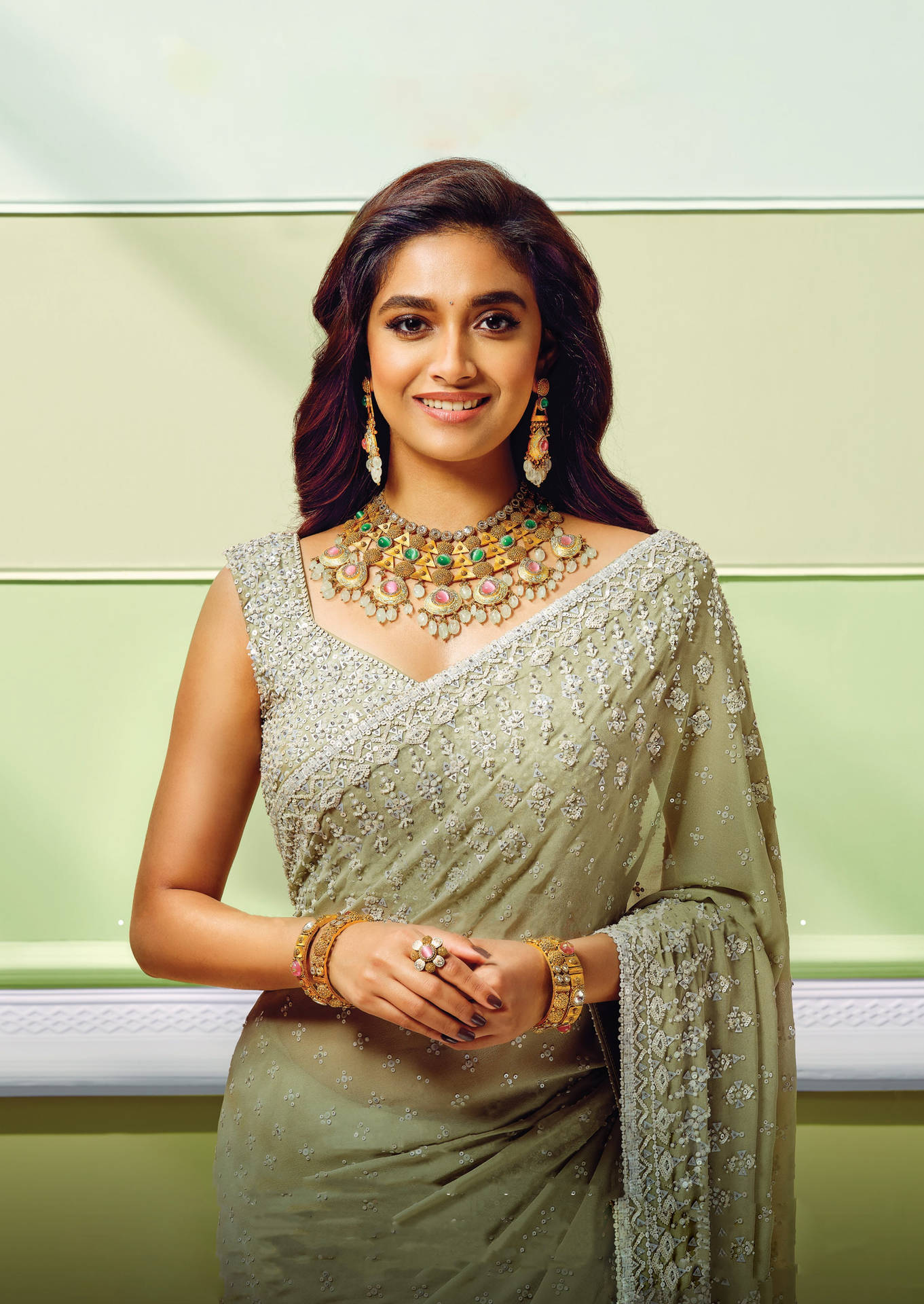 Keerthi Suresh Stunning In Soft Olive Green Saree Background