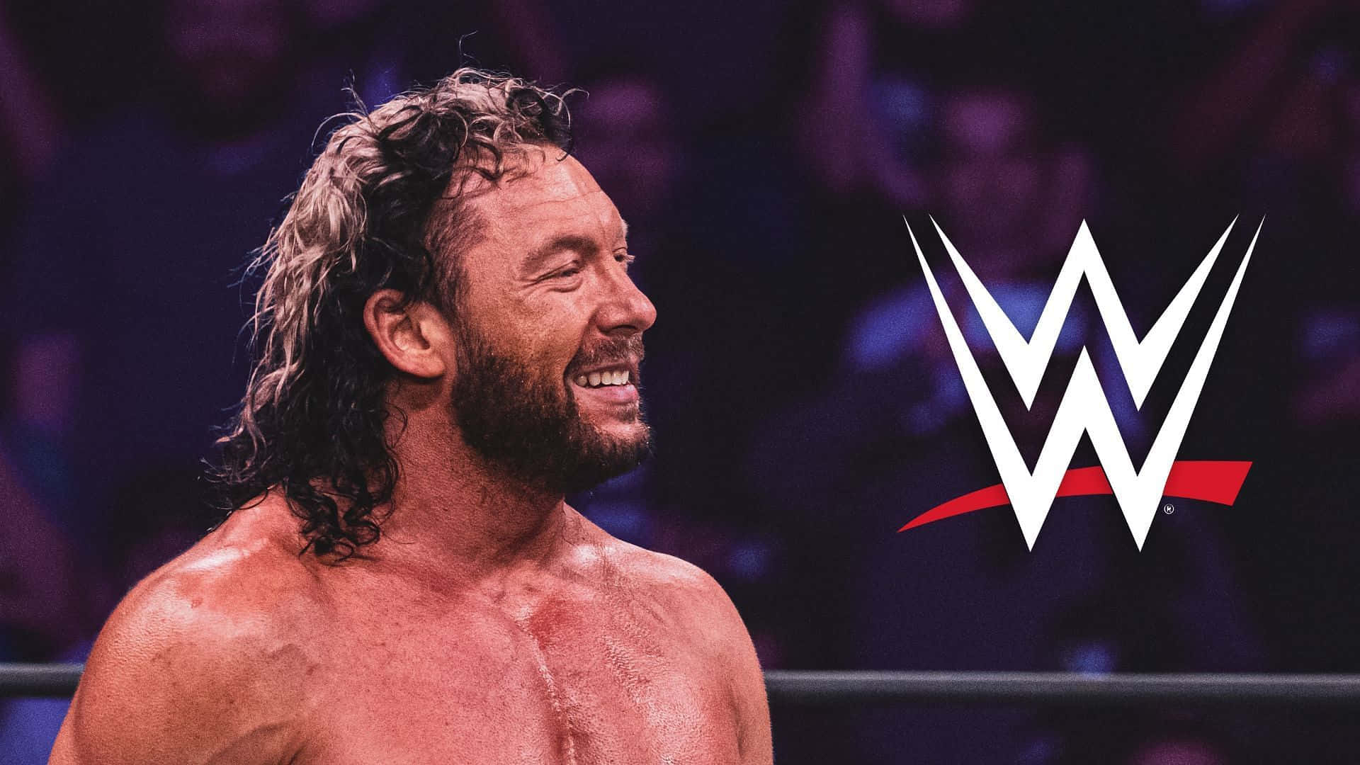 Kenny Omega Beside The Wwe Logo Background