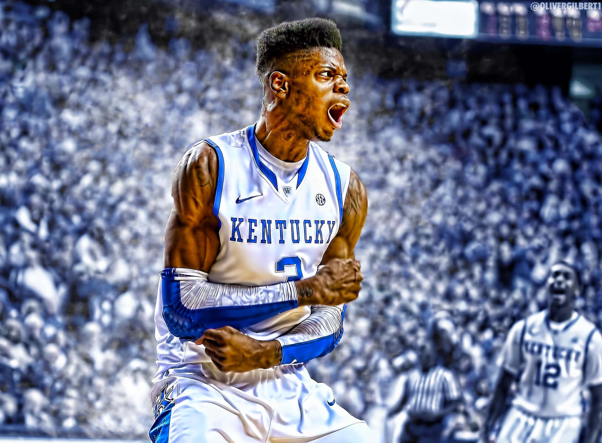 Kentucky Wildcats Basketball Player Celebrating In Front Of A Crowd Background