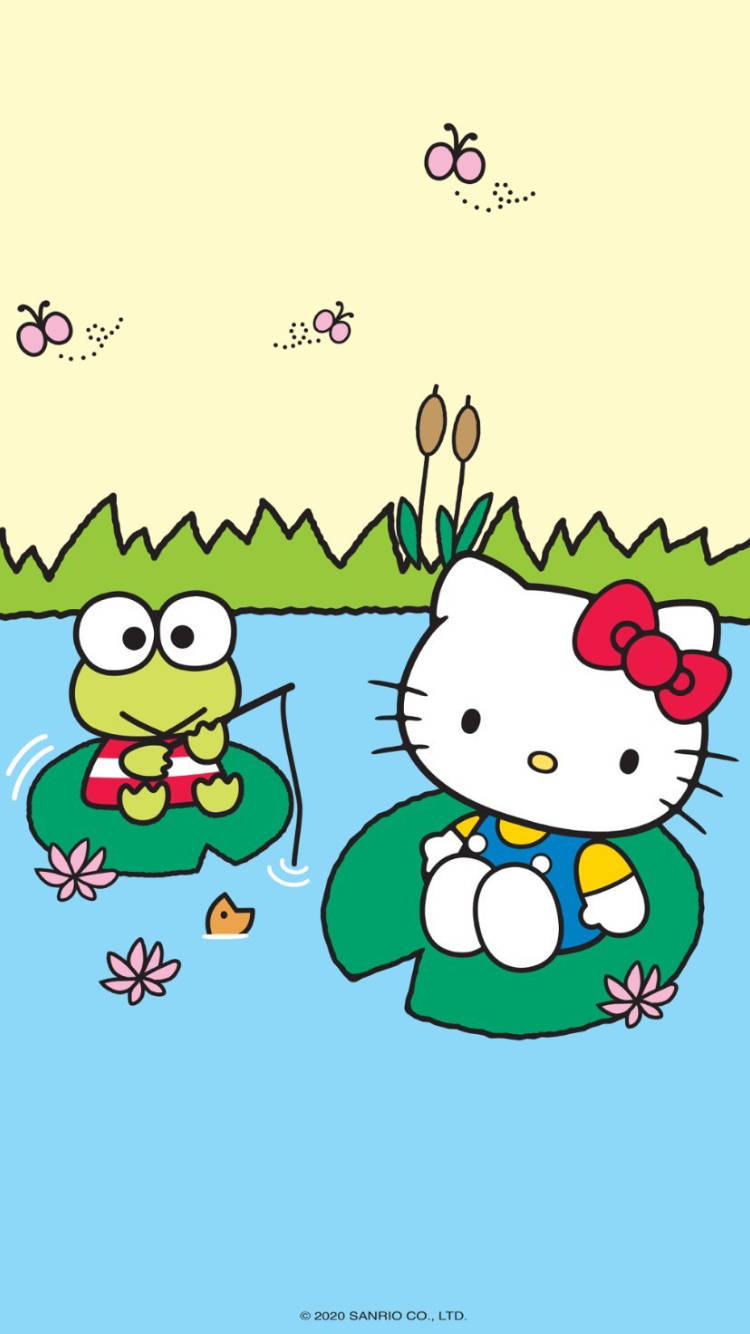Keroppi Fishing With Hello Kitty Background