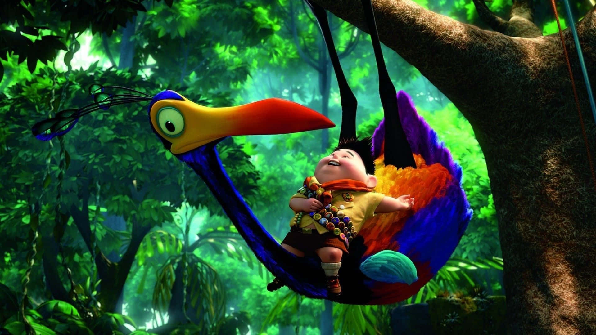 Kevin Cradling Russel On Tree In Up Movie Background
