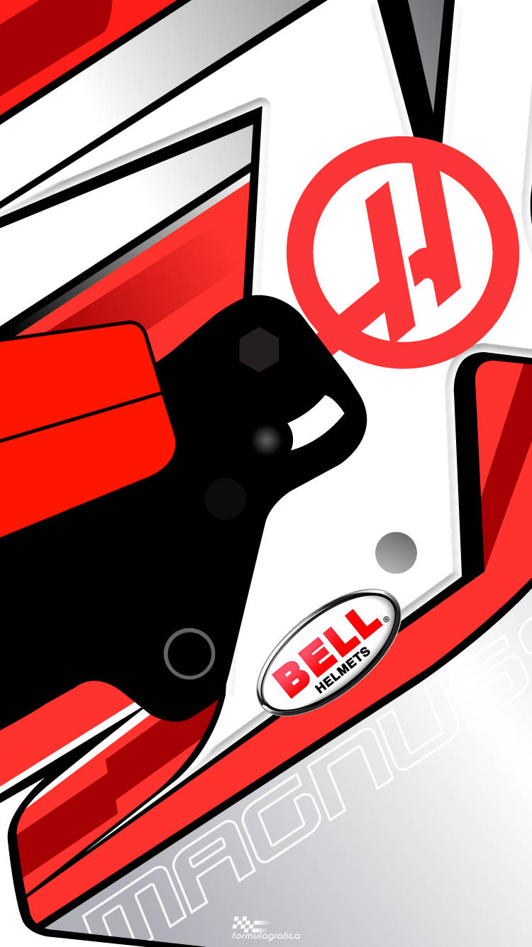 Kevin Magnussen Donning His Haas Team Helmet In A Vivid Illustration.