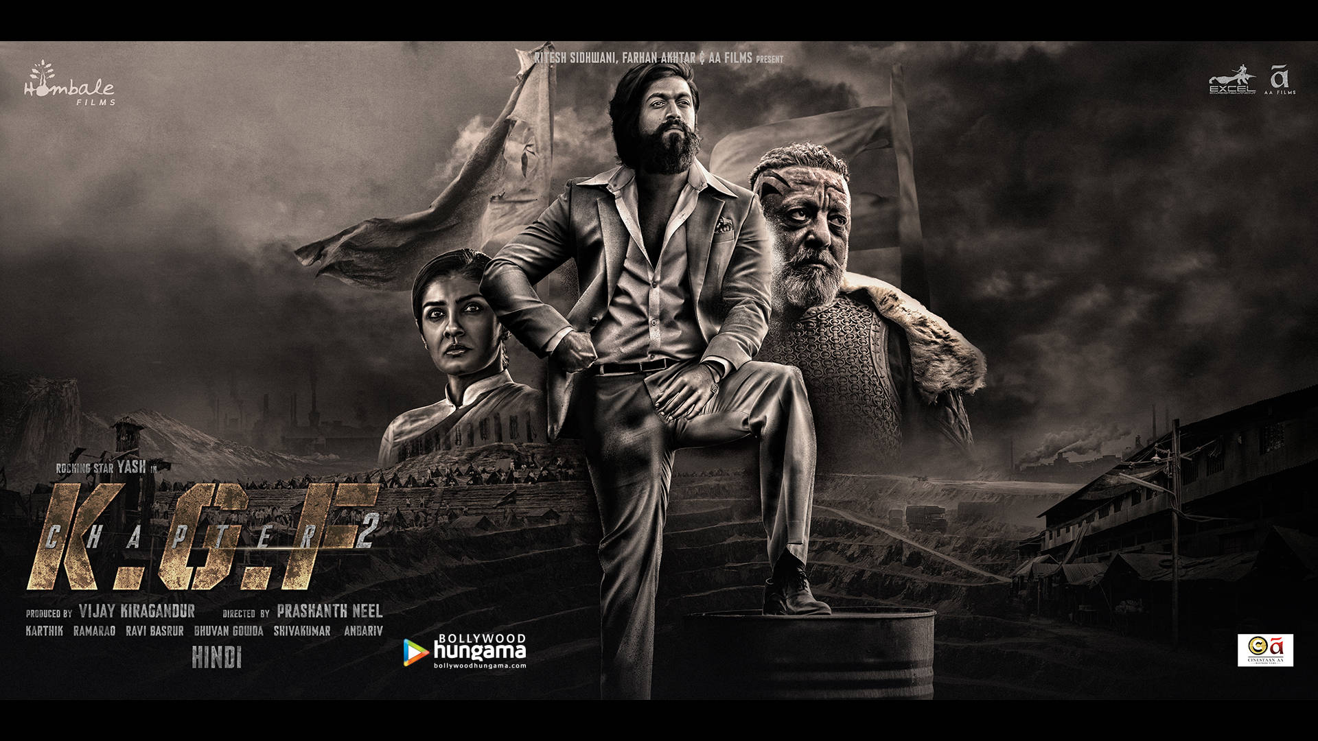 Kgf Chapter 2 Black And White Poster With Characters Background