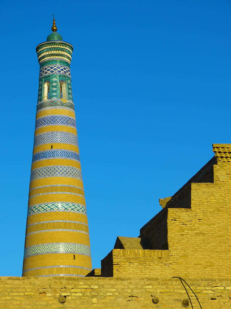 Khiva Minaret Under Blue Sky Background