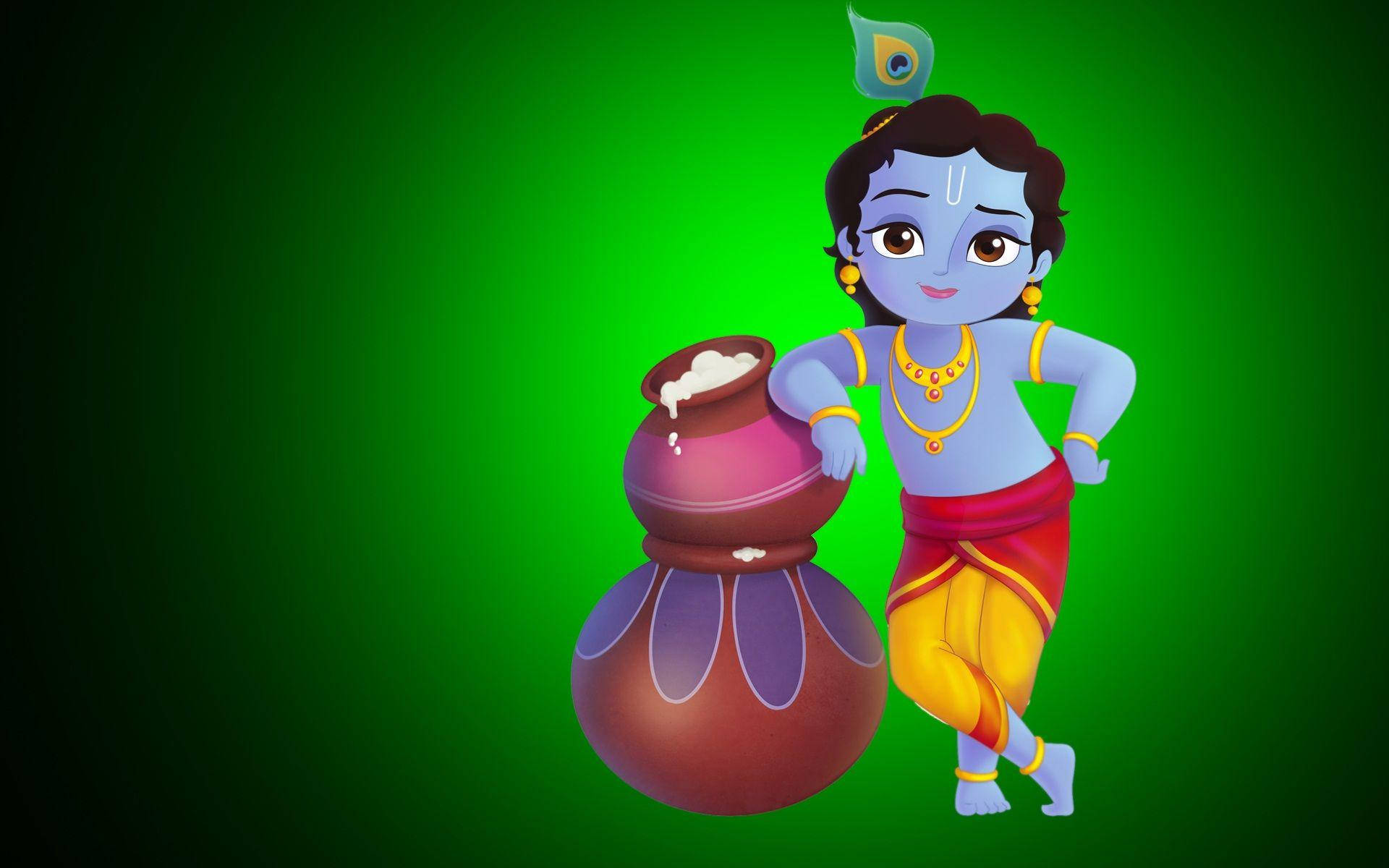 Kid Little Krishna In Green Background