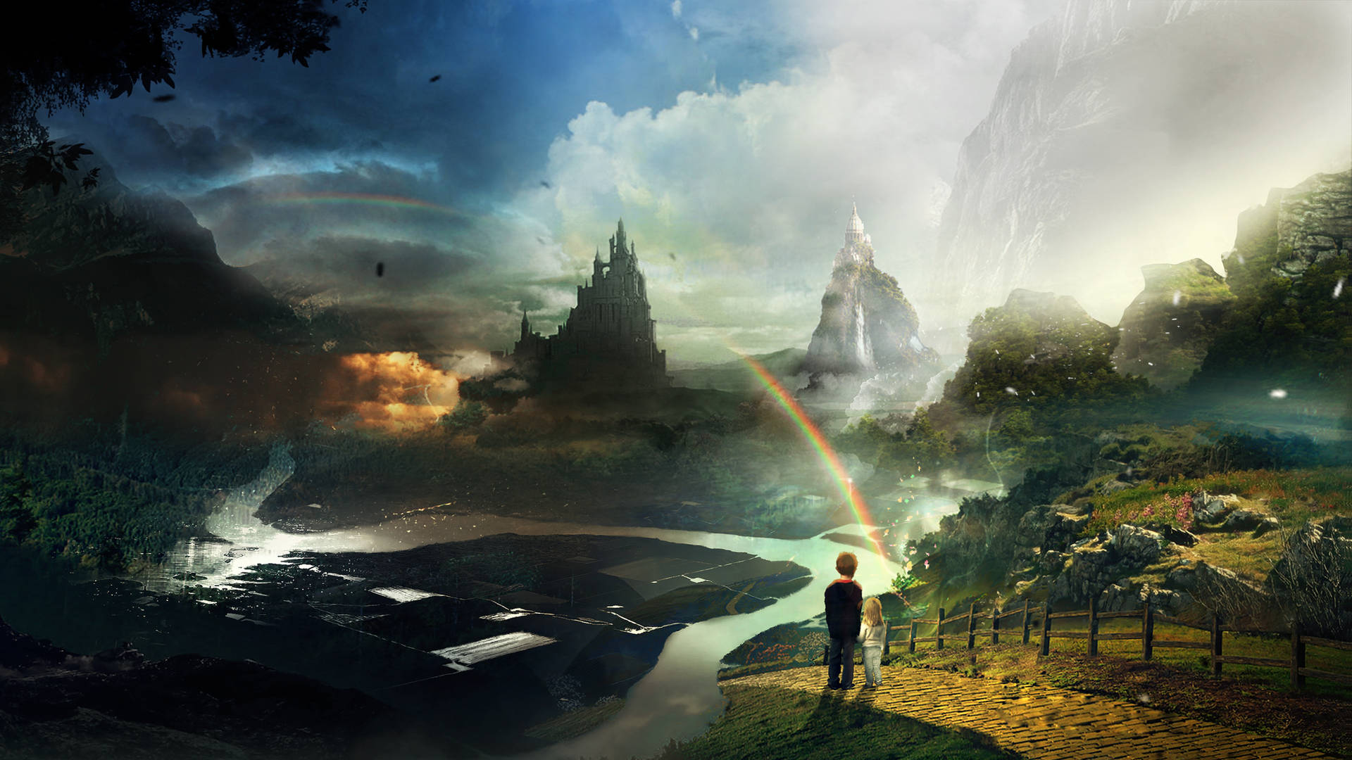 Kids And Rainbow Fantasy Art Background