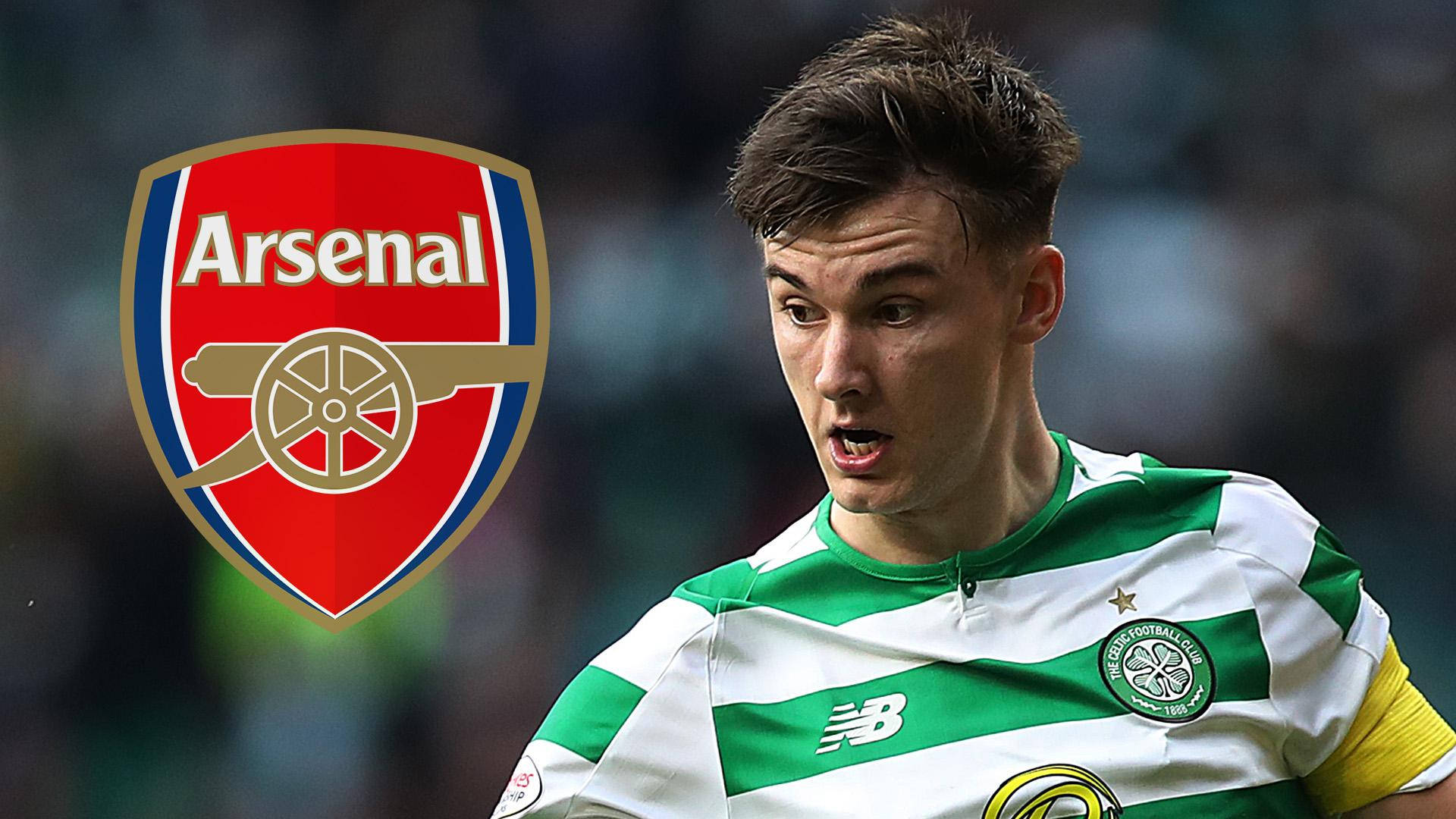 Kieran Tierney With Arsenal Logo Background