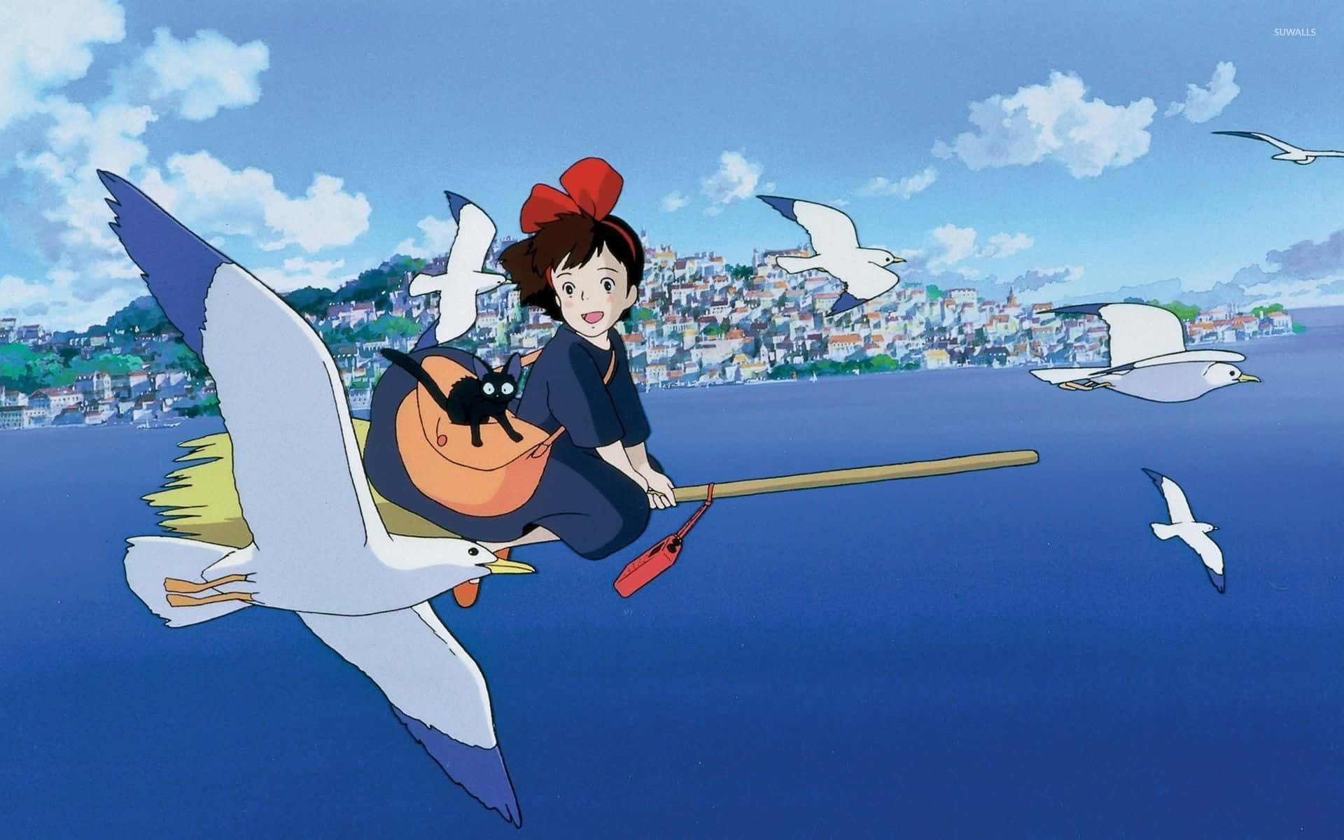 Kiki And Jiji Soaring High Above The City Background