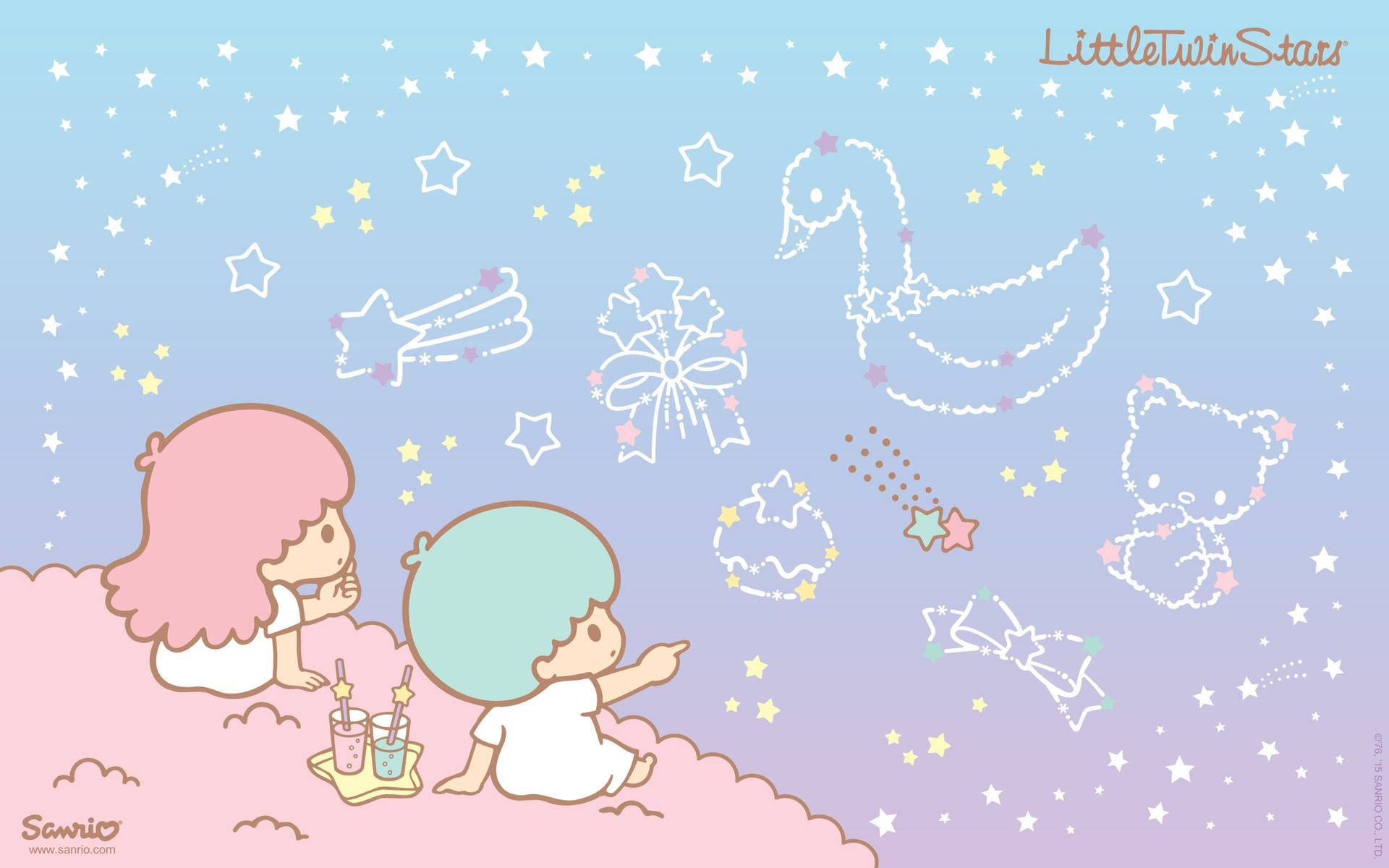 Kiki And Lala Of Sanrio's Little Twin Stars Over A Vibrant Purple Backdrop Background