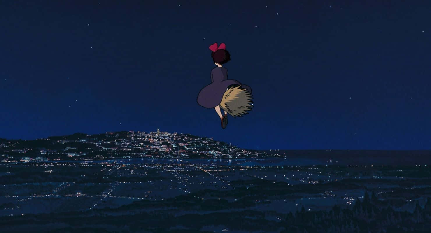 Kiki Flying On Her Broomstick With Jiji In Kiki's Delivery Service