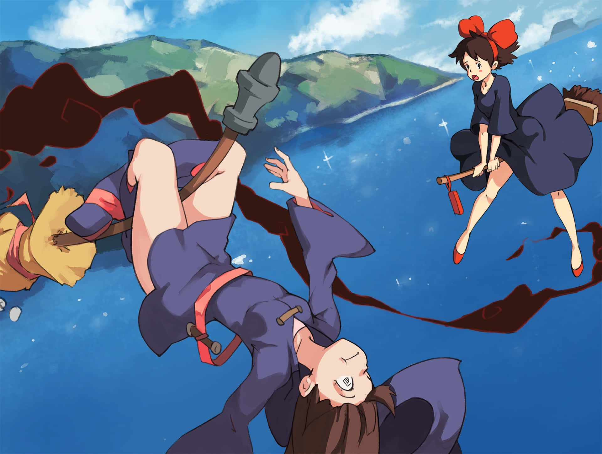 Kiki Flying On Her Broomstick With Jiji Over The City In Kiki's Delivery Service Background