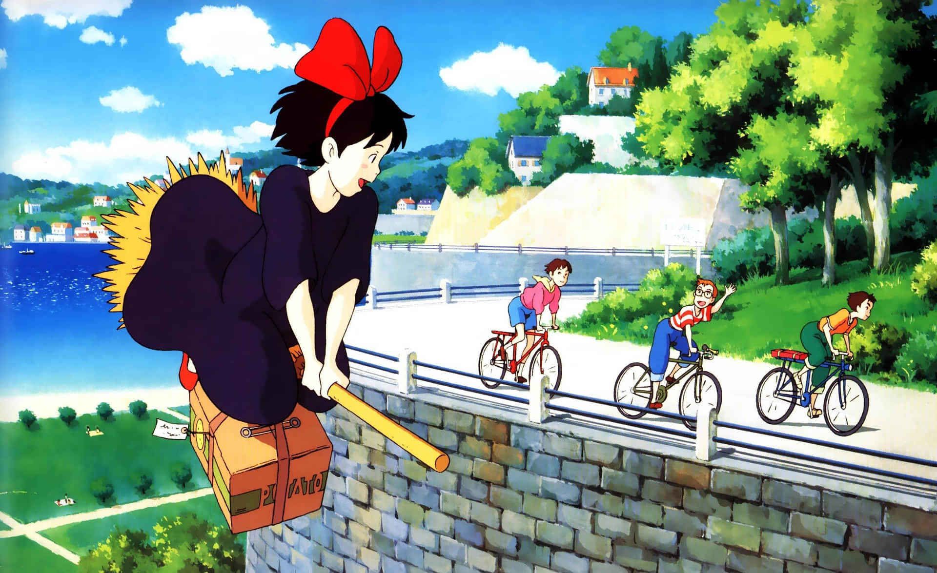 Kiki Flying Over The City On Her Broom With Jiji Background