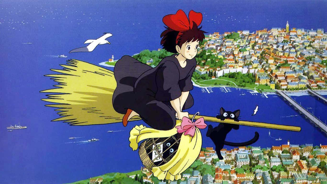 Kiki Flying Over The City On Her Broom With Jiji Background