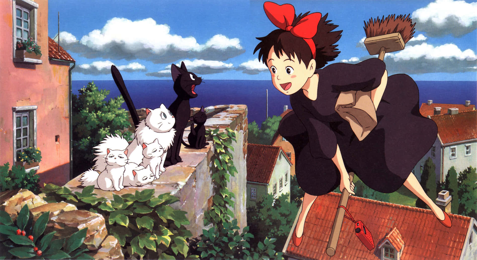 Kiki Flying Over The City With Her Cat Jiji On Her Broom Background