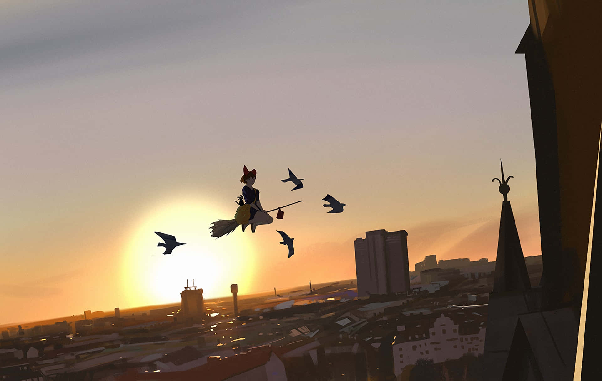 Kiki Flying Over The City With Jiji On Her Broom In Kiki's Delivery Service Background