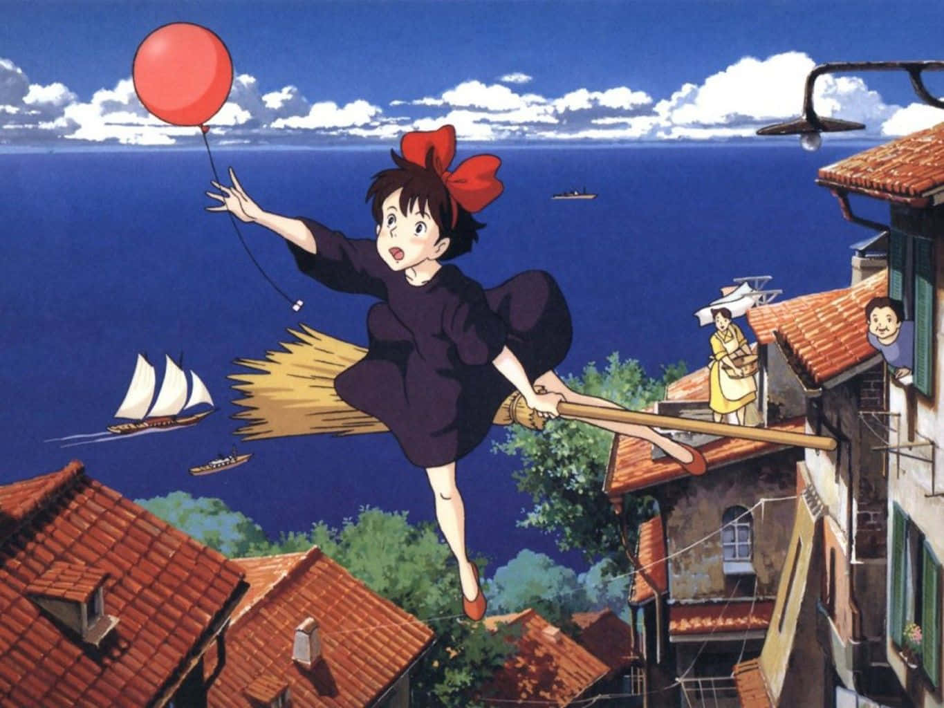 Kiki Flying With Jiji On Her Broomstick In Kiki's Delivery Service