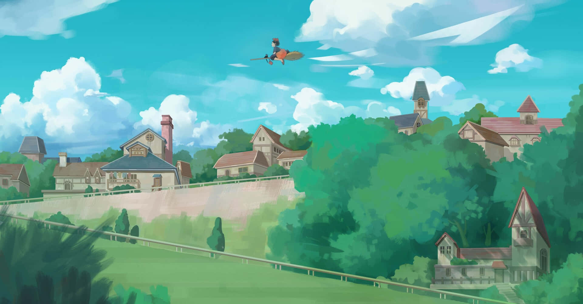 Kiki's Delivery Service: A Young Witch Flying Over The City With Her Trusty Cat Jiji Background