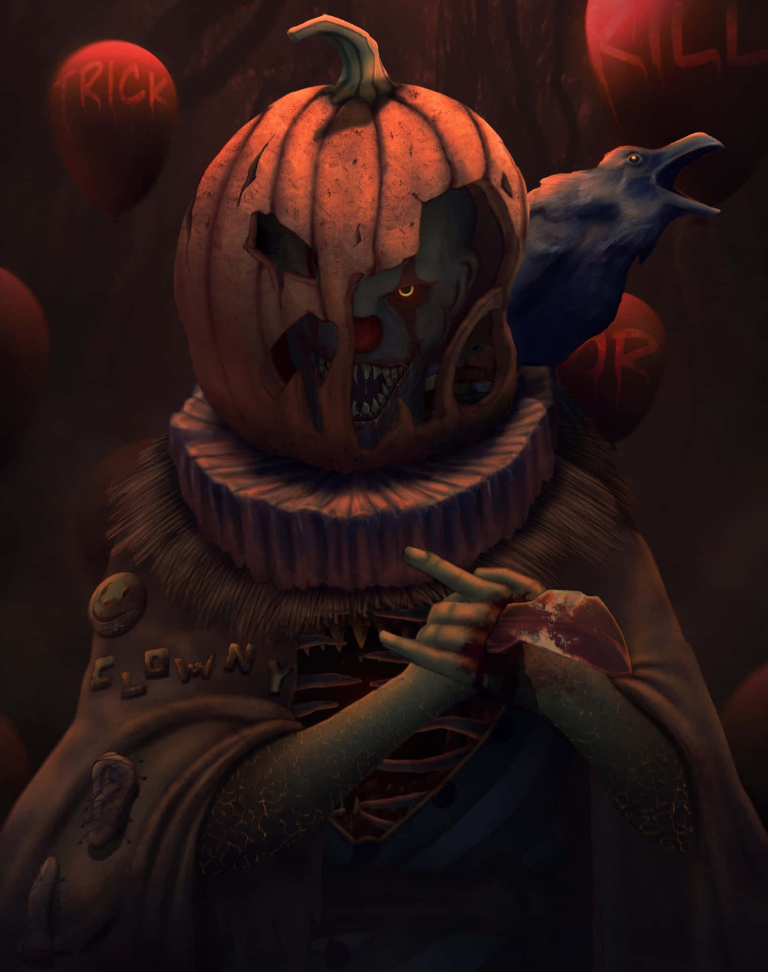 Killer Clown With Gawky Crow Background