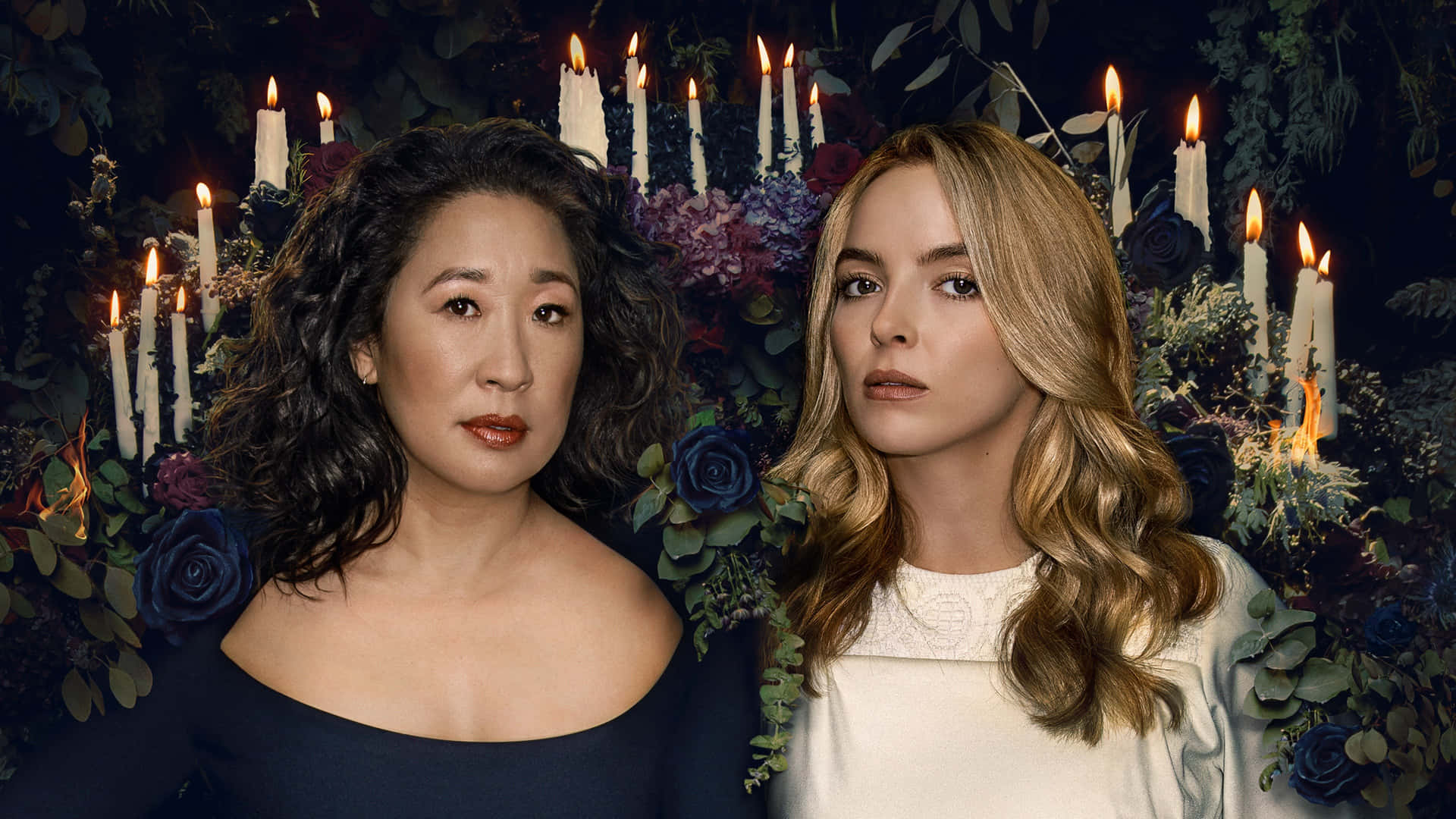 Killing Eve Lead Characters Floral Backdrop Background