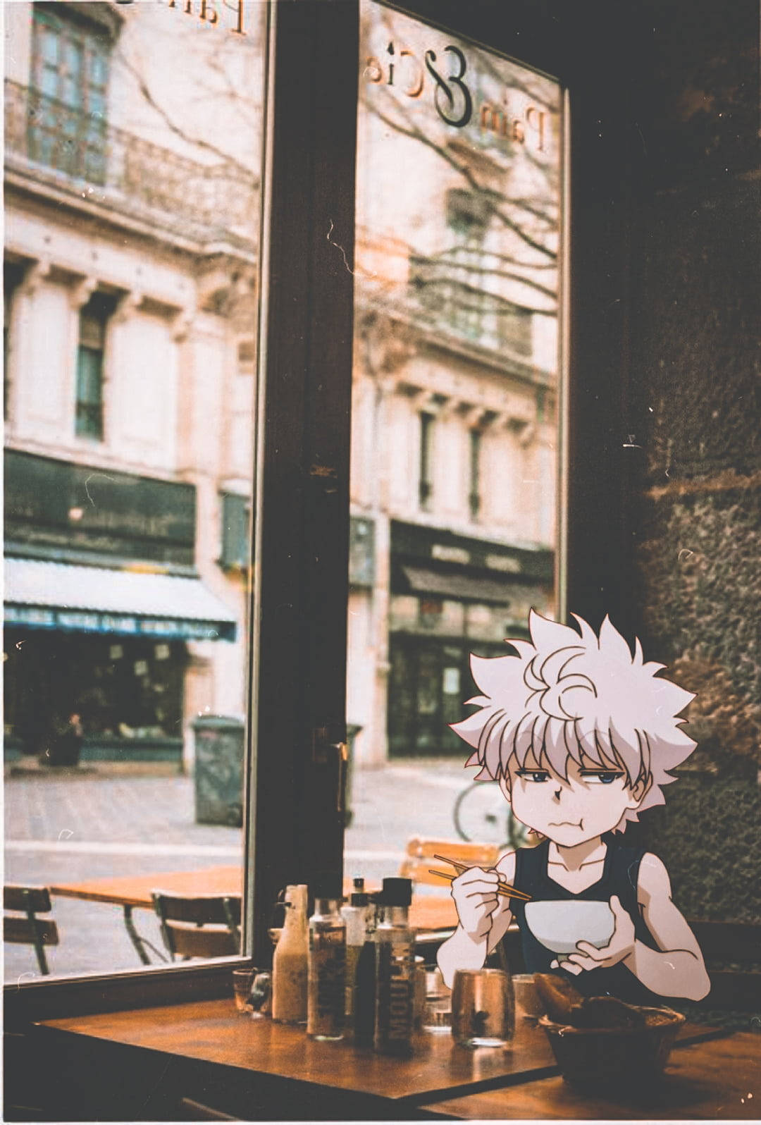 Killua Zoldyck Eating At A Cafe Background
