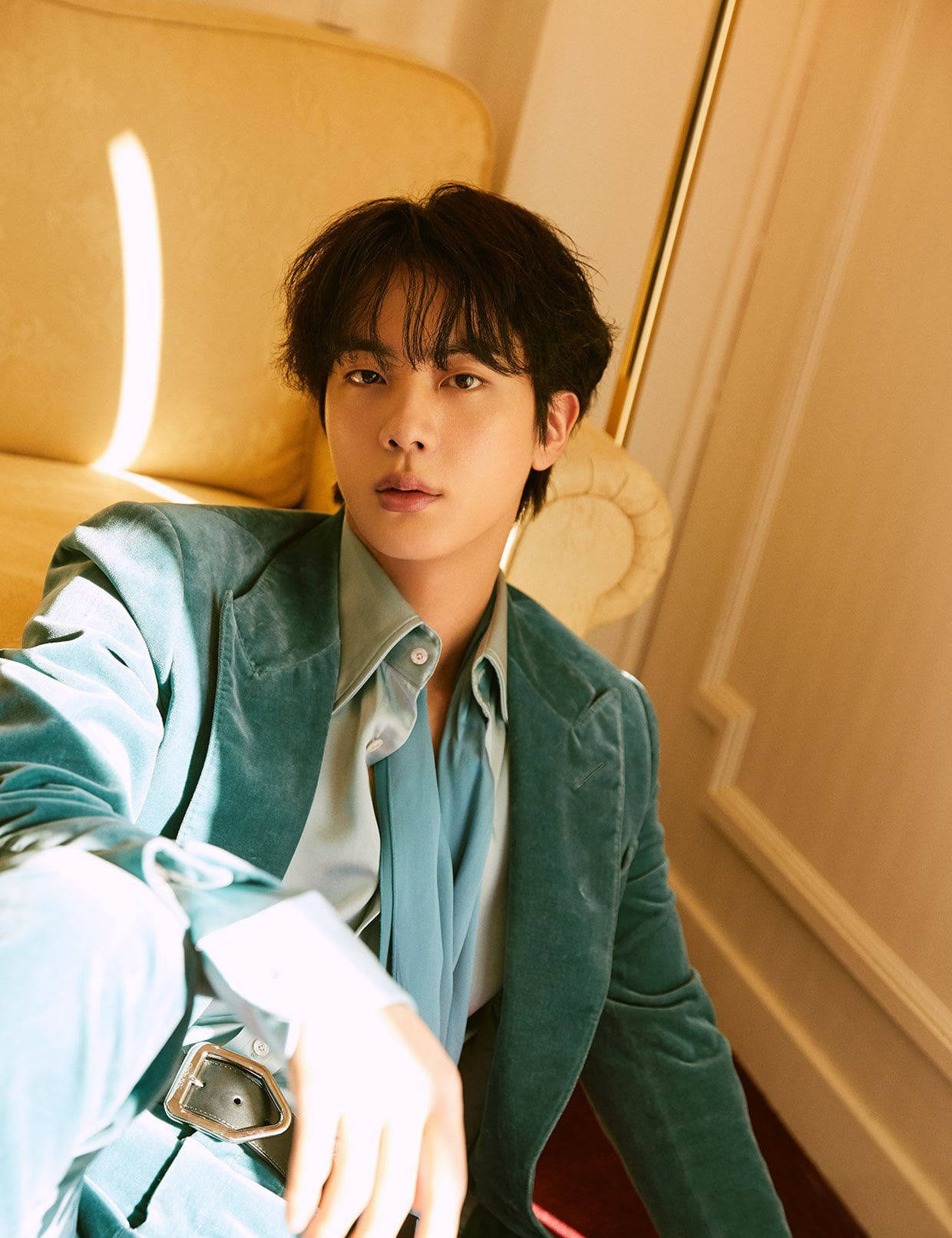 Kim Seok Jin Blue Green Coat Background