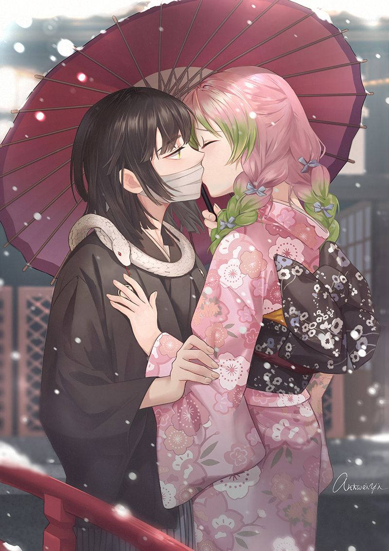 Kimetsu No Yaiba Hashira Iguro And Mitsuri Kiss Background