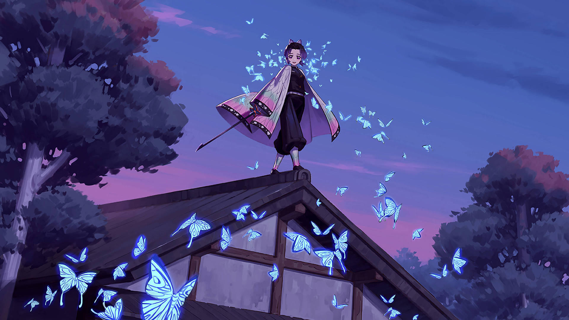 Kimetsu No Yaiba Hashira Shinobu Standing In Roof Background