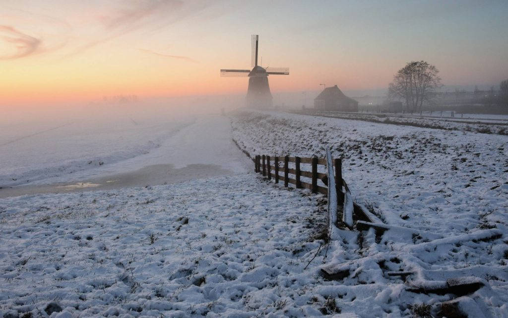 Kinderdijk Field Winter Desktop Background