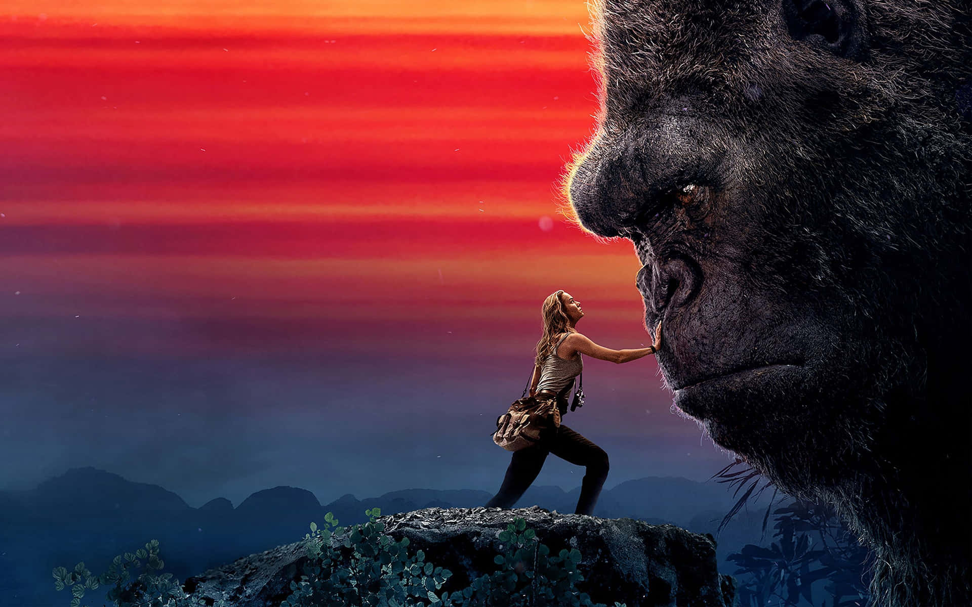 King Kong Movie Poster With A Woman Standing Next To A Gorilla Background
